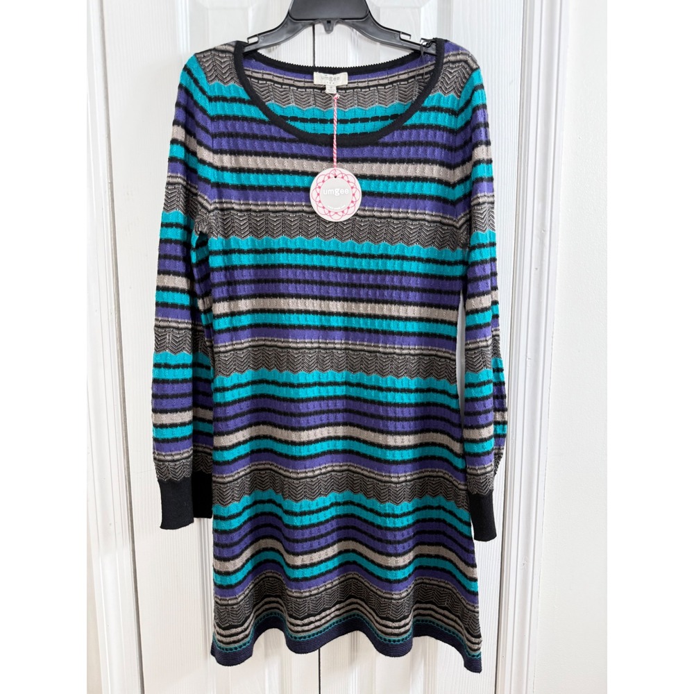 Umgee Striped Sweater Dress Medium Teal Purple Boho Chevron Knit Mini NWT